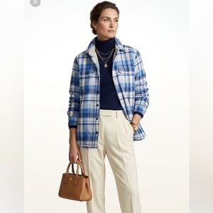 LL Bean Blue Plaid Snap Button-Up Shirt Jacket Shacket Lined Oversized